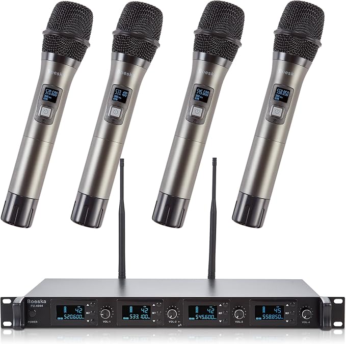Wireless Microphone System, 4-Channel UHF Wireless Mic, Fixed Frequency Metal Cordless Mic with 4 Handheld Dynamic Microphones, 200ft Range, Mics for Singing, Church (4 Handheld)