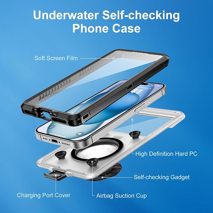 Beasyjoy Waterproof Phone Case, Underwater Snorkeling Diving Phone Case, Universal Self-Check Water Proof Case Up to 6.9 Inch for iPhone 17/16/15/14/13/12 and Samsung S24/S23/S22/Google Series - Black
