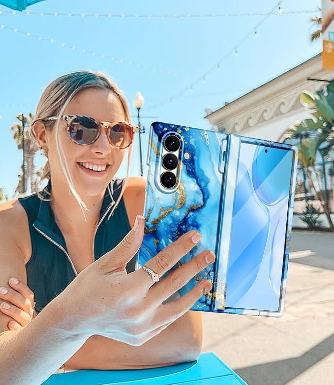 Btscase for Samsung Galaxy Z Fold 7 Case,Built in Front Screen Protector,Gold Glitter Marble Pattern Hard PC Slim Shockproof Full Body Drop Protective Case for Galaxy Z Fold 7 5G, Blue