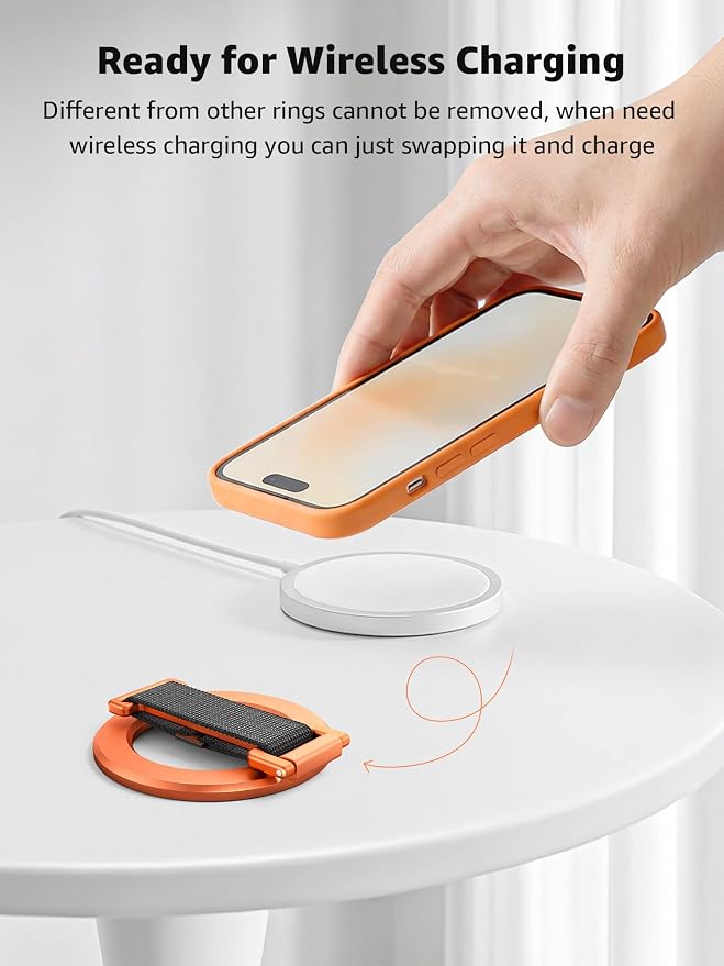 SUPERONE Magnetic Phone Grip with Finger Strap, Removable Magnetic Ring Holder with Kickstand Finger Loop, Accessories for iPhone 17/16/15/14/13/12 Series, Orange