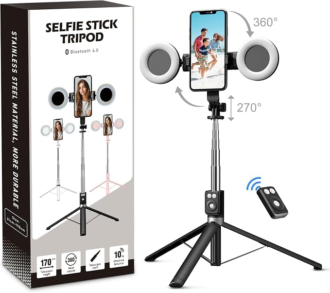 Selfie Stick Tripod with Fill Light, Phone Selfie Stick,Durable Stainless Steel Design,Bluetooth Remote Control,and Stable Three-Legged Support for Live Broadcasts,Video Shooting (Black)