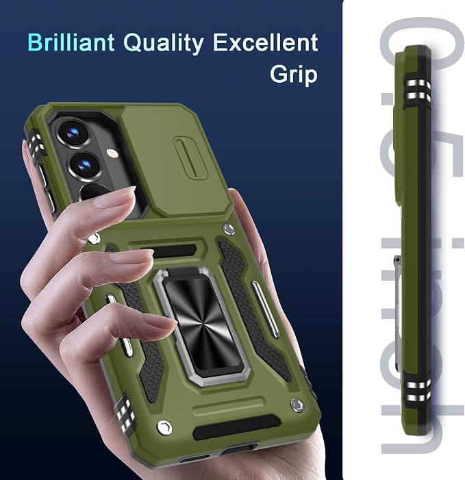DEERLAMN Case for Samsung Galaxy S26 6.3-Inch with Slide Camera Cover+Screen Protector(1 Pack), Rotated Ring Kickstand Military Grade Shockproof Protective Cover-Olive Green
