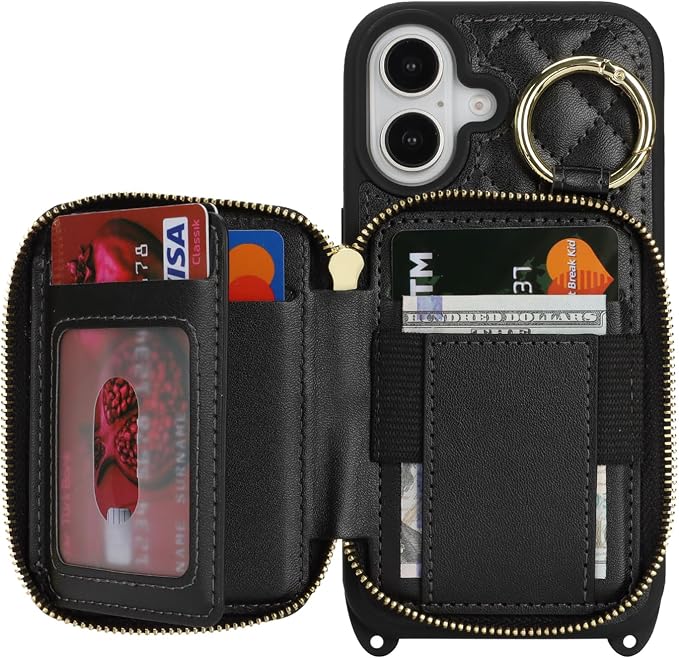 Crossbody Wallet Case for iPhone 17, PU Leather Zipper Handbag Purse Flip Cover, Kickstand Folio Case with Card Slots Holder Wrist Strap Lanyard 5G 6.3 Inch-Black