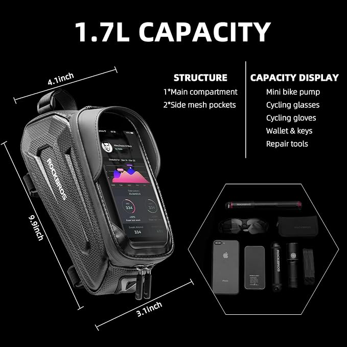 ROCKBROS Bike Phone Bag Waterproof Bike Bag Phone Mount EVA Hard Shell Bike Pouch with Rain Cover Compatible with iPhone 14/12/11 Pro XR XS Max Phones Below 6.8”