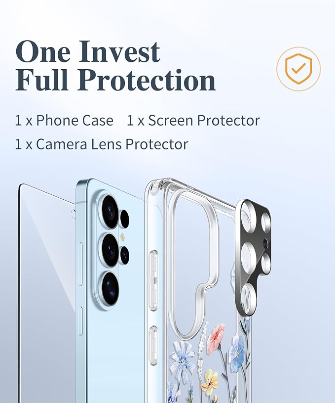 GVIEWIN for Samsung Galaxy S26 Ultra Case, Clear Floral Slim Shockproof Protective Women Phone Case, Non-Yellowing, with Screen Protector & Camera Lens Protector for S26 Ultra 6.9", Aconite/Light Blue
