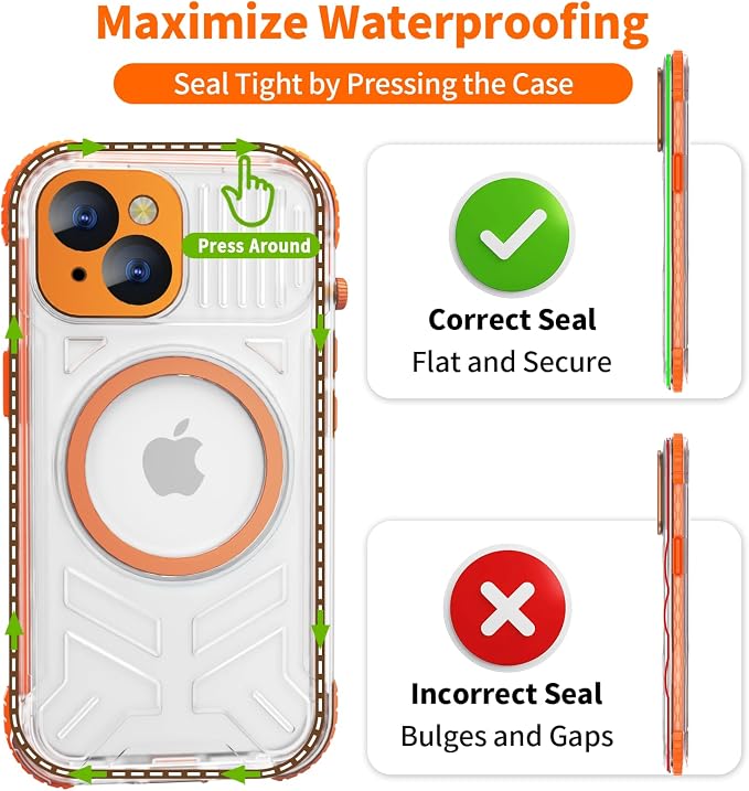 for iPhone 15 Waterproof Case Compatible with MagSafe, Translucent Slim IP68 Underwater Built-in Screen Protector, 12FT Military Grade, 360 Full Body Protective Cover 6.1 inch (Orange)
