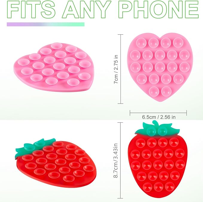 CIEO Silicone Phone Grip 2 pcs, Strong Suction Phone Holder, Suitable for Selfies and Videos on Mirrors, bathrooms and Smooth Surfaces, Compatible with iPhone, Samsung(Strawberry Shaped, Heart Shape)