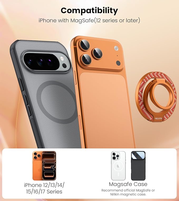 Nillkin MagSafe Phone Grip Ring Holder for Dual-Sided Magnet, Removable Magnetic Phone Ring Holder for iPhone 17/16/Pixel Snap Grip, Carbon Fiber, MagSafe Ring Stand, Accessories for iPhone, Orange 