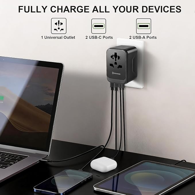 Realmade 35W PD Travel Adapter 5-Port Type C G I A Black Gray | 5-Port 1AC 2USB-A 2USB-C all-in-one international plug for EU US UK travel essential