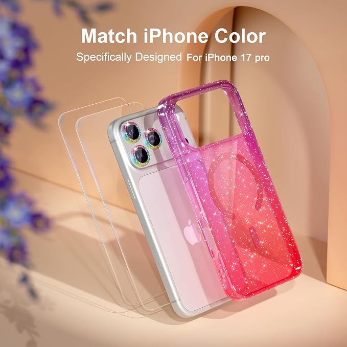 Choiche Magnetic for iPhone 17 Pro Case Compatible with MagSafe, Women Cute Glitter Sparkly Phone Case with Diamond Camera Lens Protectors, Military-Grade Drop Protection 6.3" (Purple/Pink)