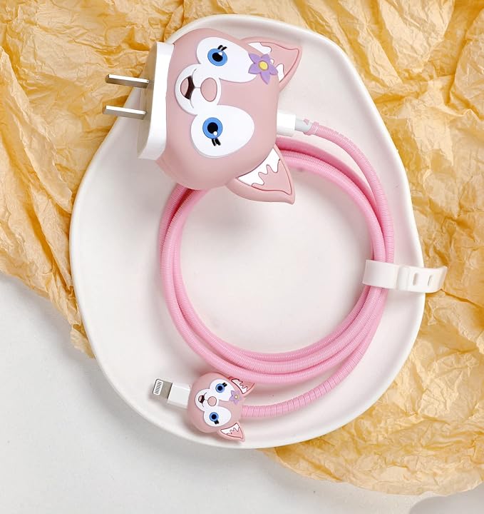 3D Cute Wall Charger Protector Case - Compatible for Apple 20W USB-C Power Adapter and Lightning Cable (Pink Lina)