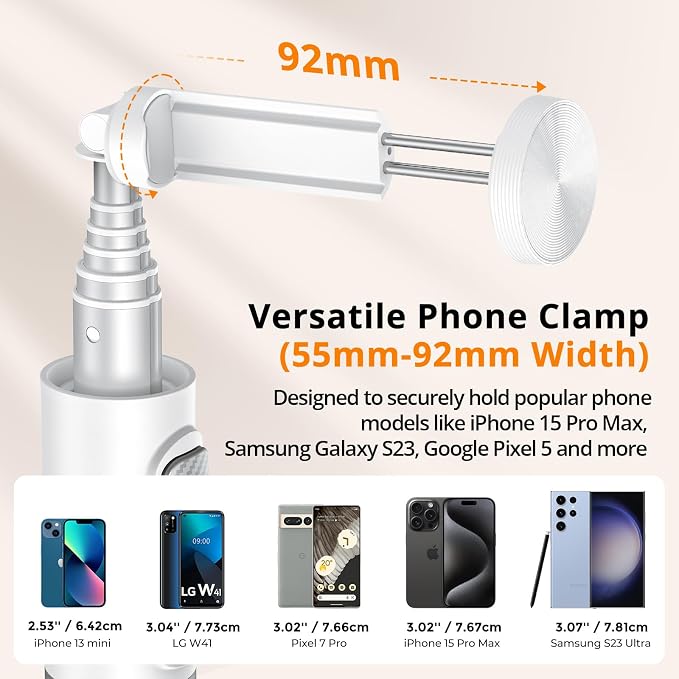 ATUMTEK 62" Selfie Stick Tripod, Extendable Aluminum Tripod with Rechargeable Bluetooth Remote, Compatible with iPhone and Android Smartphones, Perfect for Travel, Vlog, Video and Photo, White