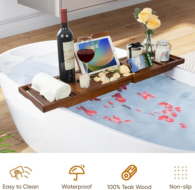 Kiasthome Teak Bathtub Caddy, Expandable Bath Tray, Non‑Slip Luxury Tub Caddy with Wine Phone Tablet Holder, Wooden Bath Accessory for Home Spa and Gift