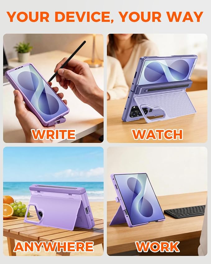 NINKI for Samsung Galaxy Z Fold 8 Ultra Case with S Pen Holder & Stylus & Hidden Kickstand, Magnetic Screen Protector Hinge Phone Cover for Samsung Z Fold 8 Ultra Case with Slim S Pen Slot – Purple
