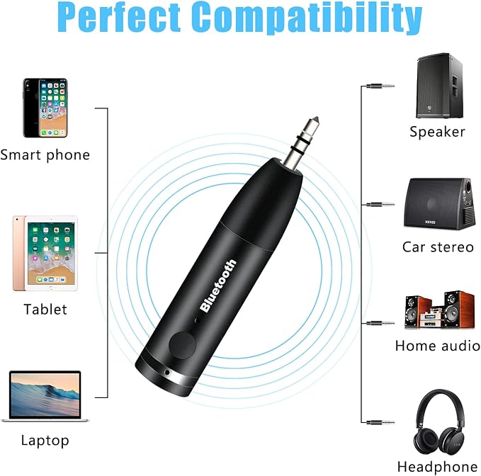 Bluetooth Aux Adapter, Wireless Bluetooth Car Adapter, Mini Portable 3.5mm Aux Receiver for Car, Headphones, Home Stereo Music System (Black)
