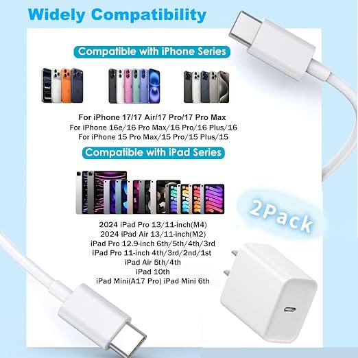 iPhone 17 16 15 Charger Fast Charging,2Pack 20W Fast USB C Charger Block Type C Charging Block with USB C to USB C Cable for iPhone 17/17 Air/17 Pro Max/16/16 Plus/16 Pro Max/15 Pro Max/iPad Pro/Air