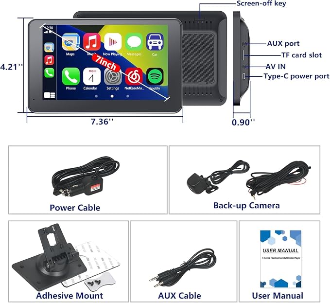 Carplay Screen for Car with Apple CarPlay/Android Auto, 7" Wireless Car Stereo, Portable Touchscreen Car Radio with Bluetooth, Backup Camera, GPS Navigation, Mirror Link,Multimedia Player All Vehicles