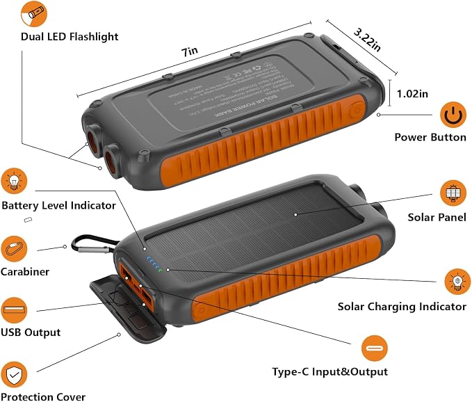 Solar Charger Power Bank 49800mAh, Portable Solar Phone Charger with 2 USB-A & USB-C Ports, 15W Fast Charging for iPhone, Samsung and More, Dual Flashlightfor Camping, Travel & Emergency Backup