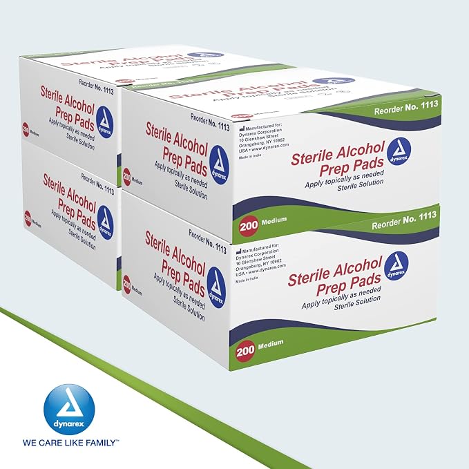 Dynarex Alcohol Prep Pads, Medical-Grade and Non-Woven Prep Pads, Saturated with 70% Isopropyl Alcohol, Rapid-Acting Antiseptic Wipes, 1-Ply, Medium, 4 Boxes of 200 Alcohol Prep Pads