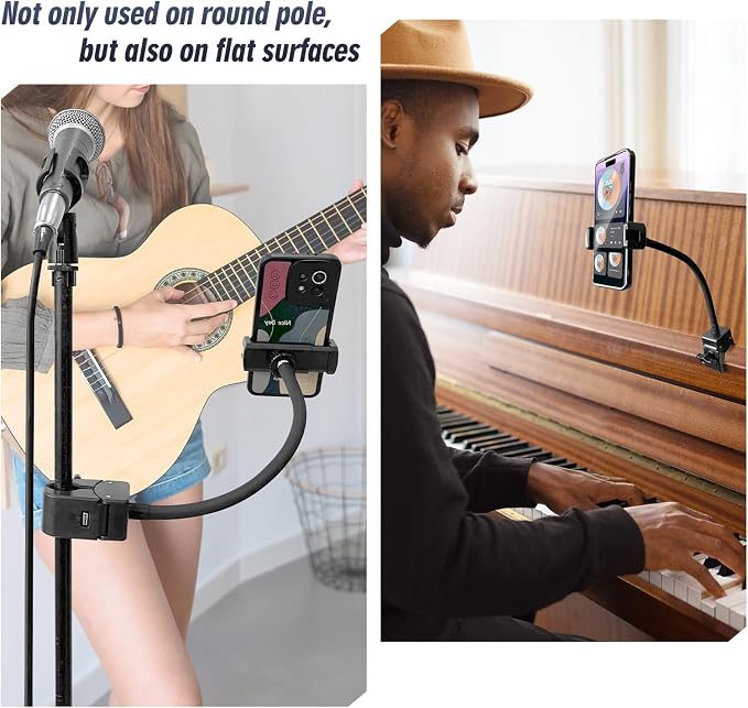 Clip Phone Holder for Desk,Pole,Pipe,Boom,Flat Surface with Adjustable Aluminium Arm Phone Clamp Mount for Mic Stand,Treadmill Compatible with All 4-7” Cell Phone (Long-Gooseneck Arm Phone Holder)