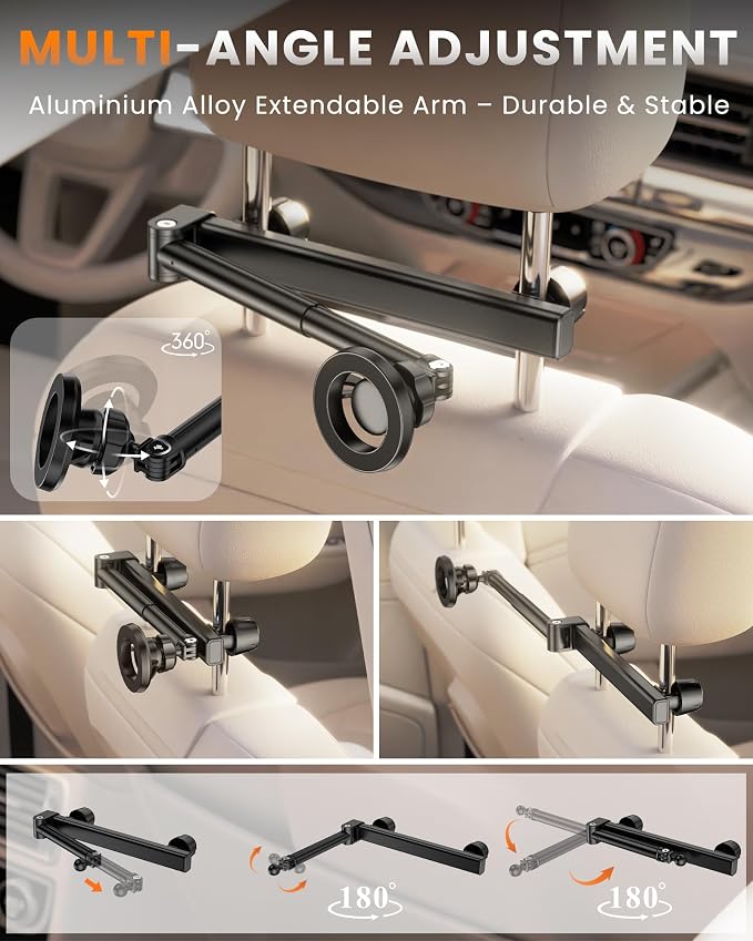 for Magsafe Car Headrest Tablet Holder, for iPad Holder Car Mount, 6 lb Strong Magnetic Force Adjustable Aluminum Tab Mount for All Phone iPhone iPad Stand Travel Accessories