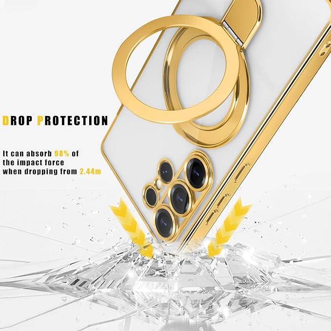 Magnetic for Samsung Galaxy S24 Ultra Case Stand & Ring Holder Compatible with MagSafe Built-in Camera Lens Protector Phone Case for Samsung S24 Ultra - Gold