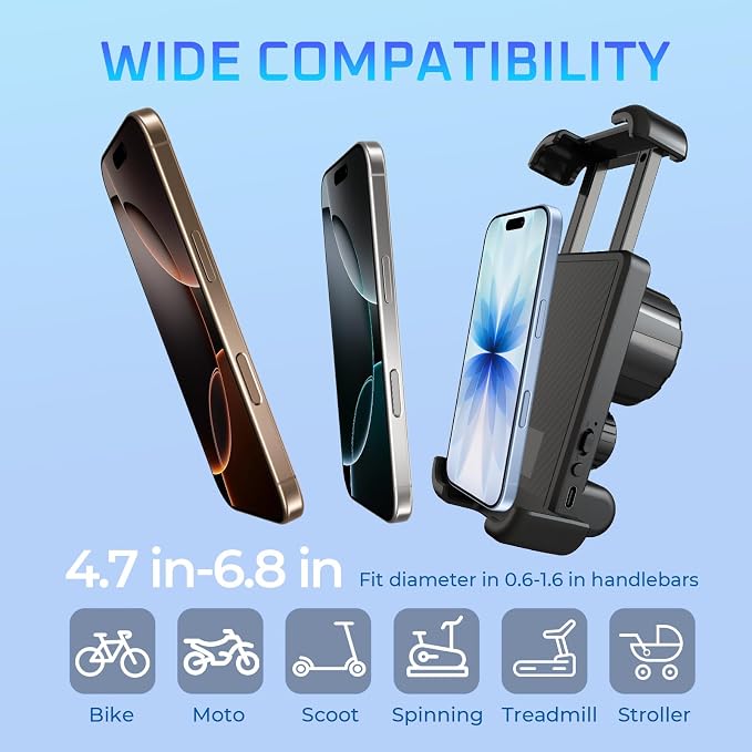 Bike Speaker with Phone Holder, Bluetooth Motorcycle Speakers with Phone Mount, Handlebar Cell Phone Clamp for iPhone 16 15 14 13 12 Pro Max Plus,4.7 to 6.8" Phones, for Scooter, Motorcycle