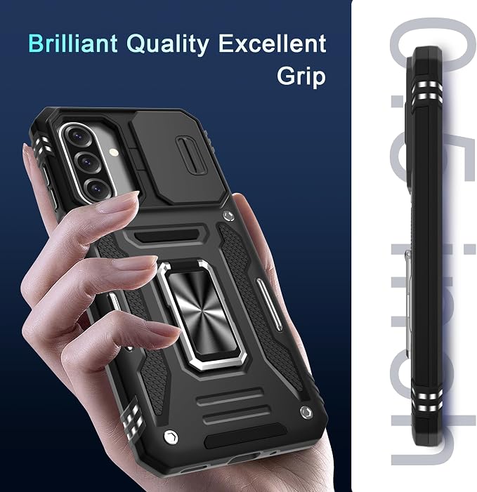 DEERLAMN Case for Samsung Galaxy A17 5G with Slide Camera Cover+Screen Protector (1 Pack), Rotated Ring Kickstand Military Grade Shockproof Protective Cover-Black