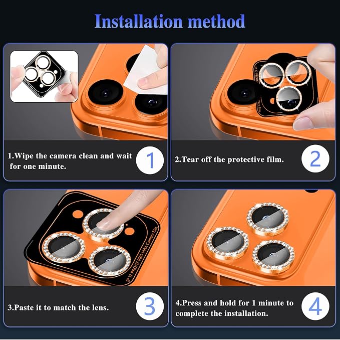 ShinKin Camera Lens Protector for iPhone 17 Pro/iPhone 17 Pro Max, Glitter Camera Cover, 9H Tempered Glass Individual Metal Ring Camera Protector for iPhone 17 Pro/17 Pro Max (Diamond - Orange)