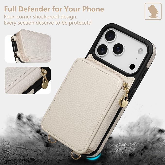 Keallce Case for iPhone 17 Pro 6.3'' Case Wallet, Crossbody Zipper Purse with RFID Blocking Card Slots Kickstand, Lanyard & Handstrap Flip Folio Leather Phone Cover for iPhone 17 Pro, Beige