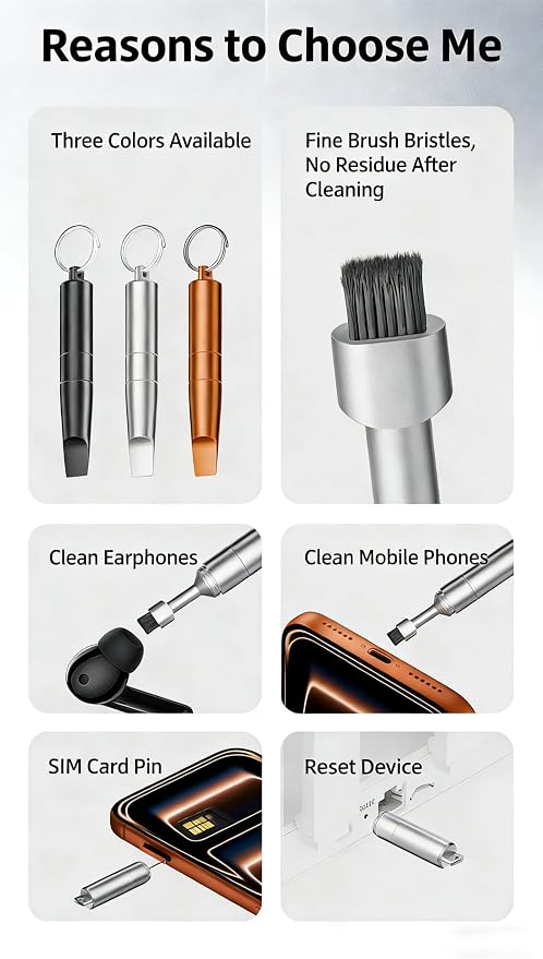 2PCs 3-in-1 Cleaning Brush Mobile Phone Card pin Keychain sim Battery Compartment Multi-Function Cleaning Brush handset Cleaning (Black+Gold)
