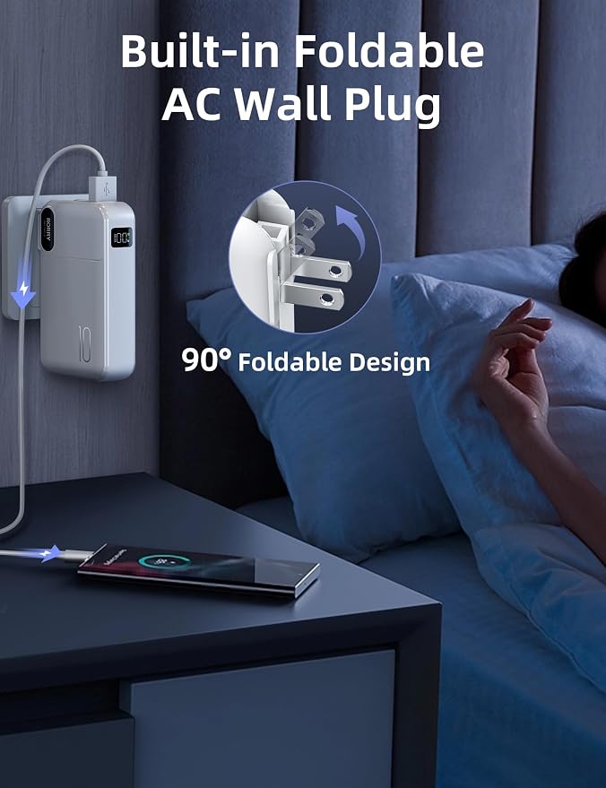 RORRY Portable Charger w/Wall Plug 10000mAh Power Bank 22.5W Battery Pack | Built in Cables, Fast Charging, for iPhone, iPad, Samsung Galaxy, Pixel, LG, Travel Essential, Digital Display, Pocket Size