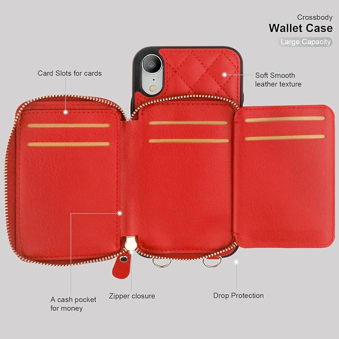 Bocasal Crossbody Wallet Case for iPhone Xr, RFID Blocking PU Leather Zipper Handbag Purse Flip Cover, Kickstand Folio Case with Card Slots Holder Wrist Strap Lanyard 6.1 Inch (Red)