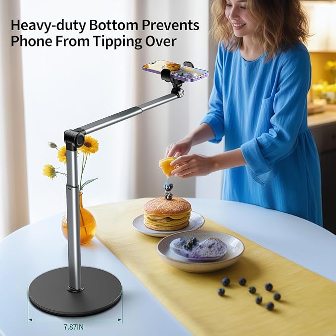 yAyusi Heavy Duty Aluminum Overhead Tripod for iPhone, 13.7 in Long Overhead Phone Mount, Flexible Articulating Arm Phone Mount for Desk for Live Streaming, Meeting, Cooking
