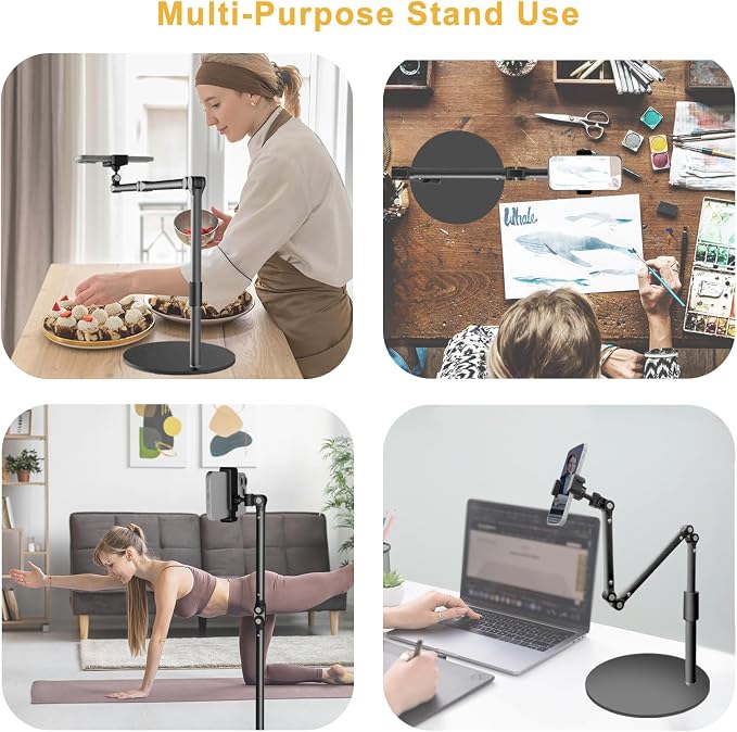 Heavy Duty Overhead Phone Mount for Desk, 17 in Long Arm iPhone Holder, 360° Swivel Stand for Video Recording, Filming, Live Streaming, Cooking, Painting, Crafting