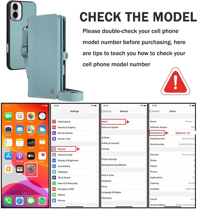 for Wallet Case Compatible with iPhone 16,Multi-Function Detachable 2 in 1 Magnetic iPhone 16 Case Wallet,Flip Strap Zipper Card Holder Phone Case with Shoulder Straps (Blue)