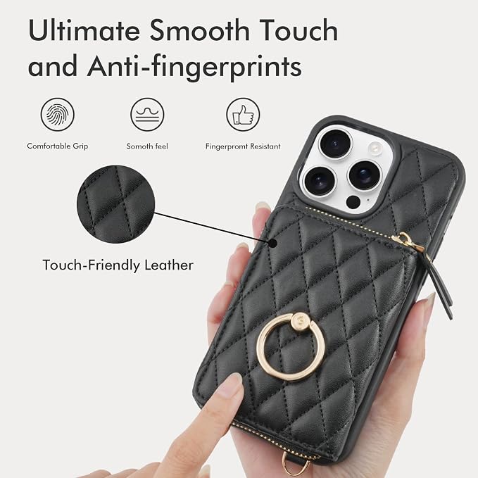 ZVE for iPhone 16 Pro Max Wallet Case for Women, Crossbody Case with Wrist Strap Protective Leather Lanyard with Ring Holder Flip Cover 6.9 Inch - Black