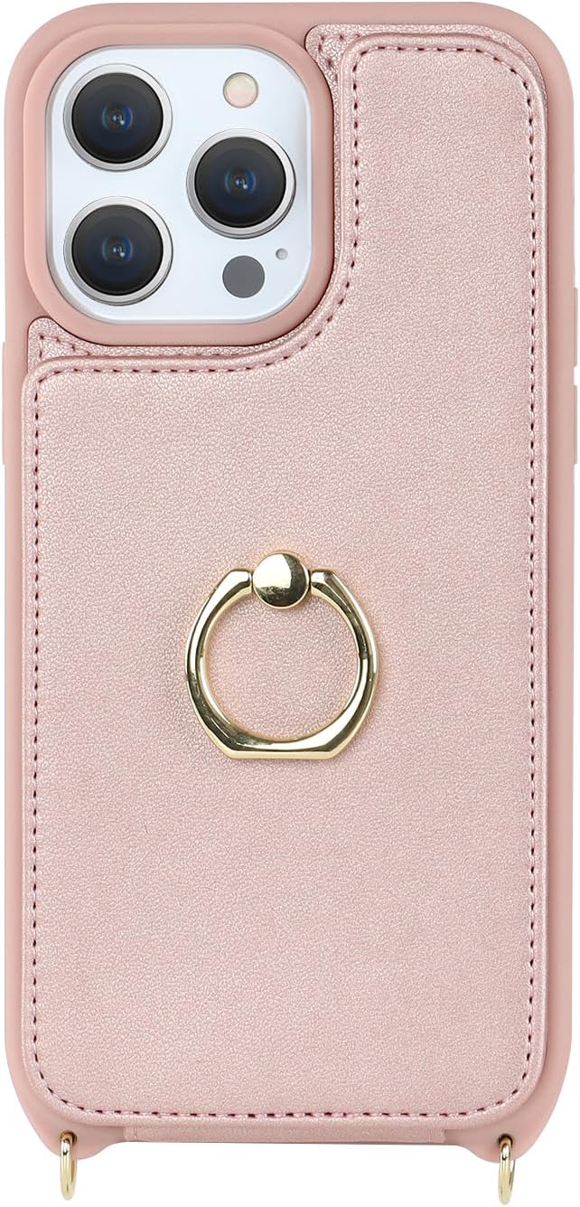 Lipvina for iPhone 14 Pro Max Case with Card Holder for Women,Phone Case with Strap,Crossbody Lanyard,RFID Blocking,Ring Stand,Snap Clasp,Cute Wallet Cases 6.7"(Rose Gold)