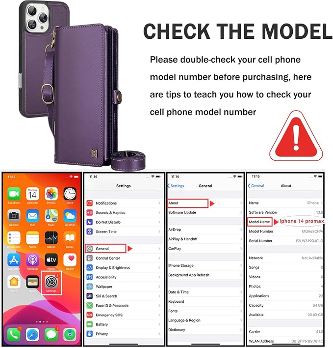 for Wallet Case Compatible with iPhone 14 Pro Max,Multi-Function Detachable 2 in 1 Magnetic iPhone 14 Pro Max Case Wallet,Flip Strap Zipper Card Holder Phone Case with Shoulder Straps (Pruple)