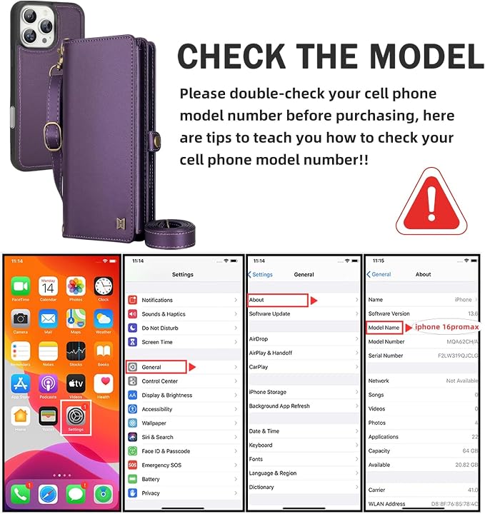 for Wallet Case Compatible with iPhone 16 Pro Max,Multi-Function Detachable 2 in 1 Magnetic iPhone 16 Pro Max Case Wallet,Flip Strap Zipper Card Holder Phone Case with Shoulder Straps (Pruple)