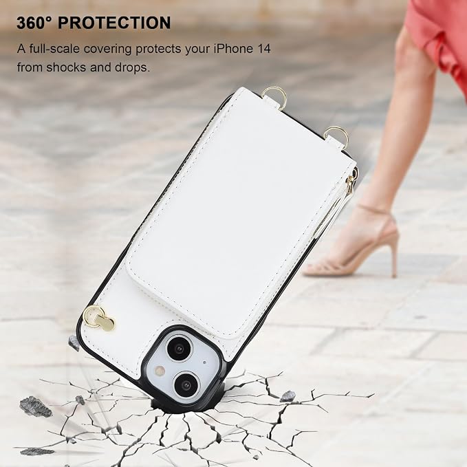 KIHUWEY Crossbody Wallet Case for iPhone 13 iPhone 14, Zipper Pocket Case with Card Holder, PU Leather RFID Blocking Protective Cover Case with Kickstand Detachable Wrist Strap Lanyard 6.1" (White)