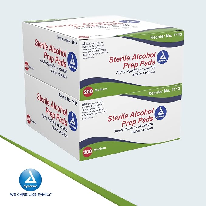 Dynarex Alcohol Prep Pads, Medical-Grade and Non-Woven Prep Pads, Saturated with 70% Isopropyl Alcohol, Rapid-Acting Antiseptic Wipes, 1-Ply, Medium, 2 Boxes of 200 Alcohol Prep Pads