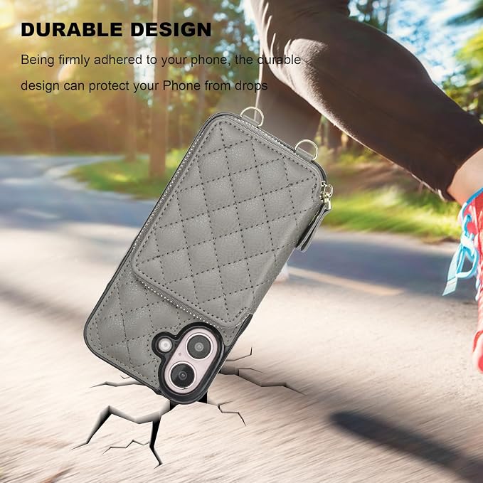 Bocasal Crossbody Wallet Case for iPhone 16, RFID Blocking PU Leather Zipper Handbag Purse Flip Cover, Kickstand Folio Case with Card Slots Holder Wrist Strap Lanyard 5G 6.1 Inch (Grey)