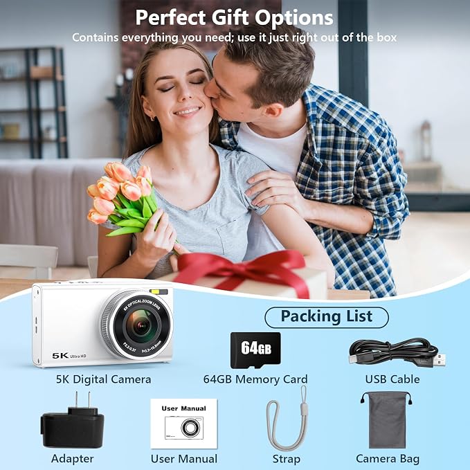5K Digital Camera for Photography with 6X Optical Zoom, 2026 Latest 96MP Autofocus Vlogging Camera for YouTube with Dual Lens, Anti-Shake, Flash, Compact Small Travel Cameras with 64GB Card, White