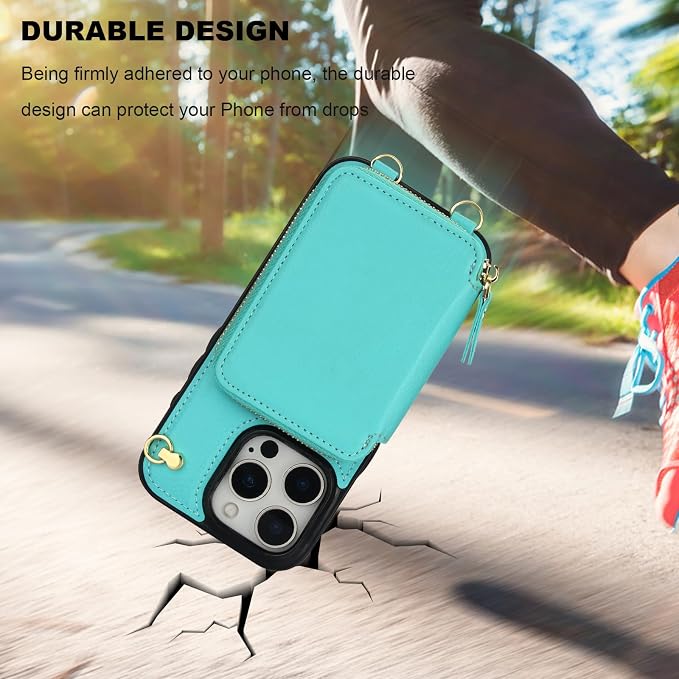 Bocasal Crossbody Wallet Case for iPhone 16 Pro, RFID Blocking Leather Purse Case with Card Holder, Protective Handbag Flip Cover with Zipper Wrist Strap Lanyard for Women 5G 6.3 Inch (Mint Green)