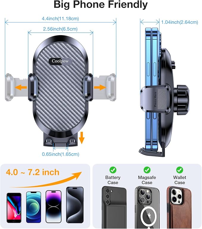 Coolpow Phone Holders for Your Car Vent Phone Mount for CarใSmallest & Wider Clamp & Metal HookใAir Vent Phone Holder for Car Phone Holder Vent Cell Phone Stand for iPhone Samsung Android Smartphones