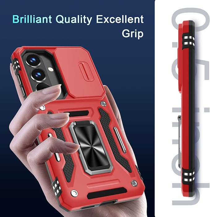 DEERLAMN Case for Samsung Galaxy A37 5G with Slide Camera Cover+Screen Protector (1 Pack), Rotated Ring Kickstand Military Grade Shockproof Protective Cover-Red