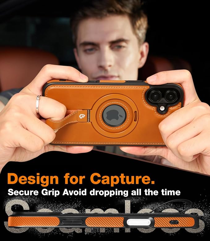 for iPhone 16 Leather Case with Stand, Anti-Slip Grip Ring, Fits for MagSafe (Brown, iPhone 16)