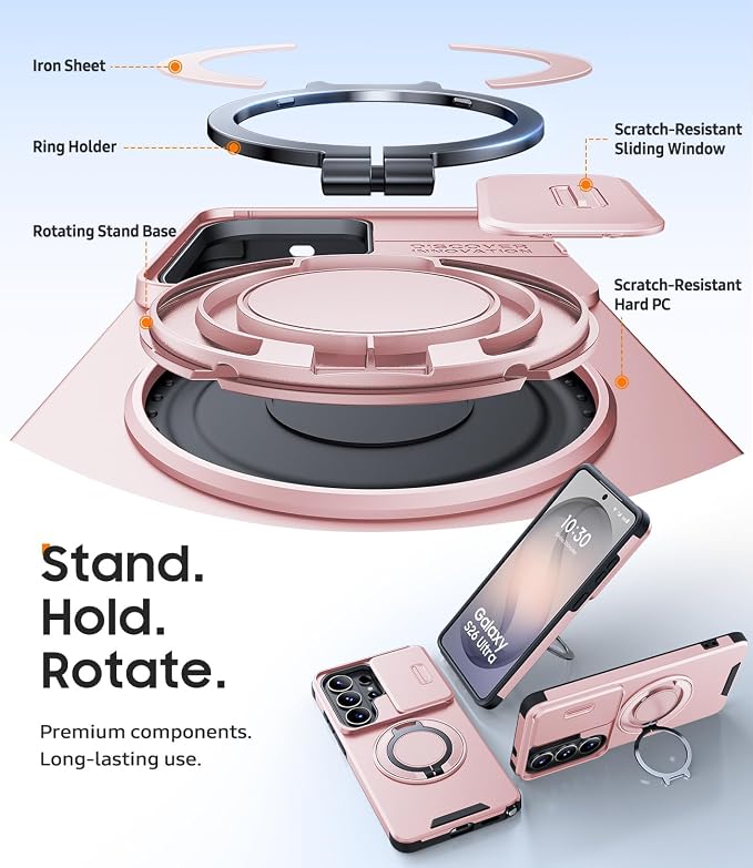 JAME for Samsung Galaxy S26 Ultra Case, Ring Holder Stand Kickstand, Slide Camera Cover with Screen Protector, Dual-Layer Shockproof Protective Magnetic Accessory Friendly S26 Ultra Phone Case, Pink