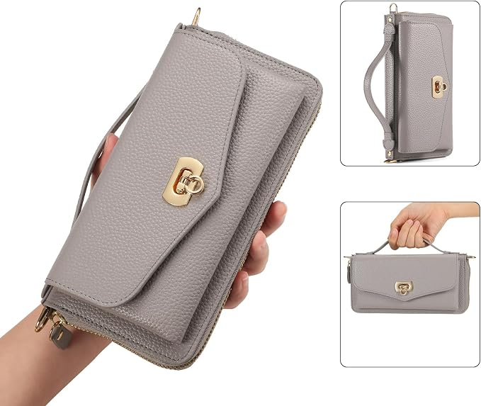 Crossbody Wallet Case for iPhone 16 Pro Max, Magnetic Detachable Floral PU Leather Phone Case with RFID Blocking Card Holder Wristlet Mirror Flip Zipper Shoulder Purse for Wome - Gray
